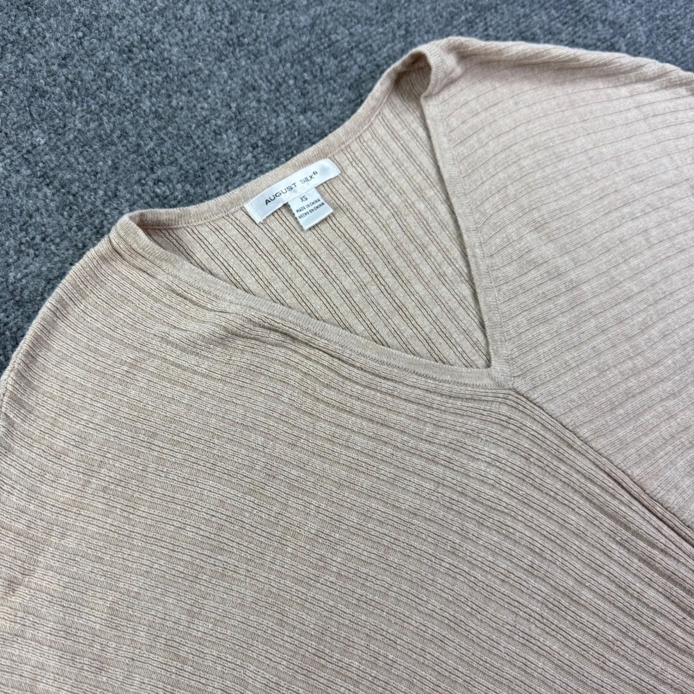 August Silk Sweater XS Beige Ribbed V-Neck Dolman Sleeve Women